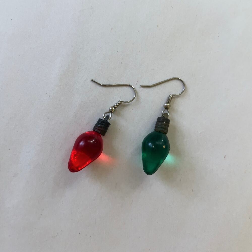 Red and Green Christmas Light Earrings Mismatched Holiday Jewelry